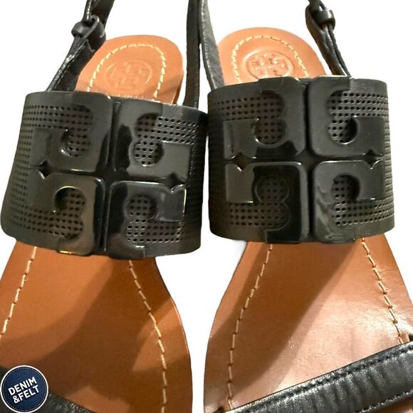 Tory Burch Lowell II Black Leather Logo Sandals Size 7.5M – Chic & Classic - Picture 2 of 14